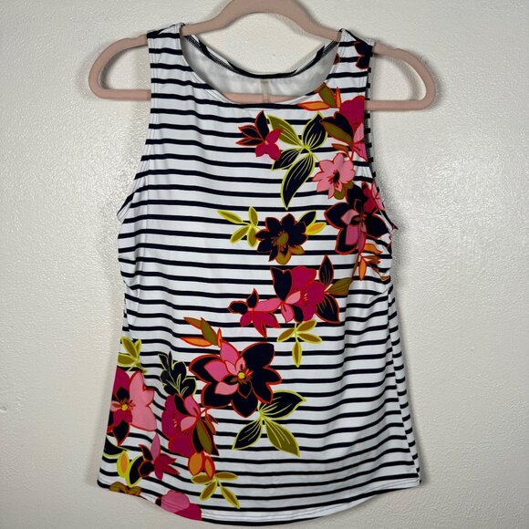 Lands' End High Neck Blue White Stripe Floral Tankini Tank Sz14 Beach Pool - Picture 1 of 9